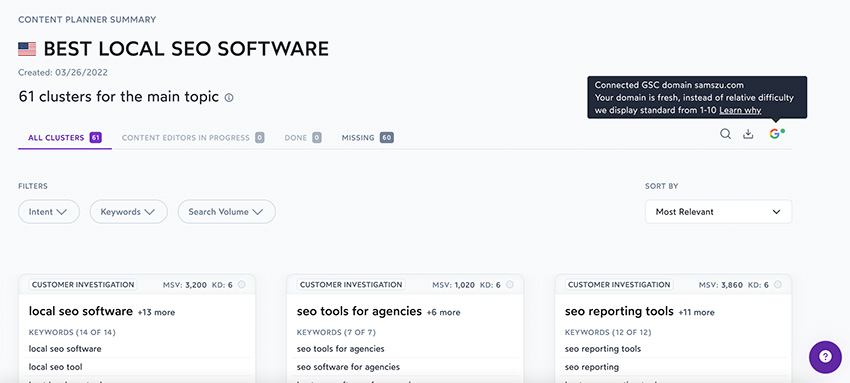 surferSEO content planning dashboard