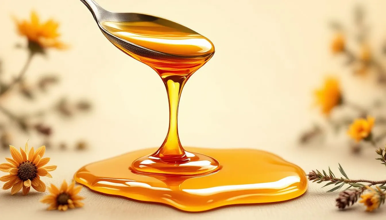 A close-up of heather honey drizzling from a spoon.