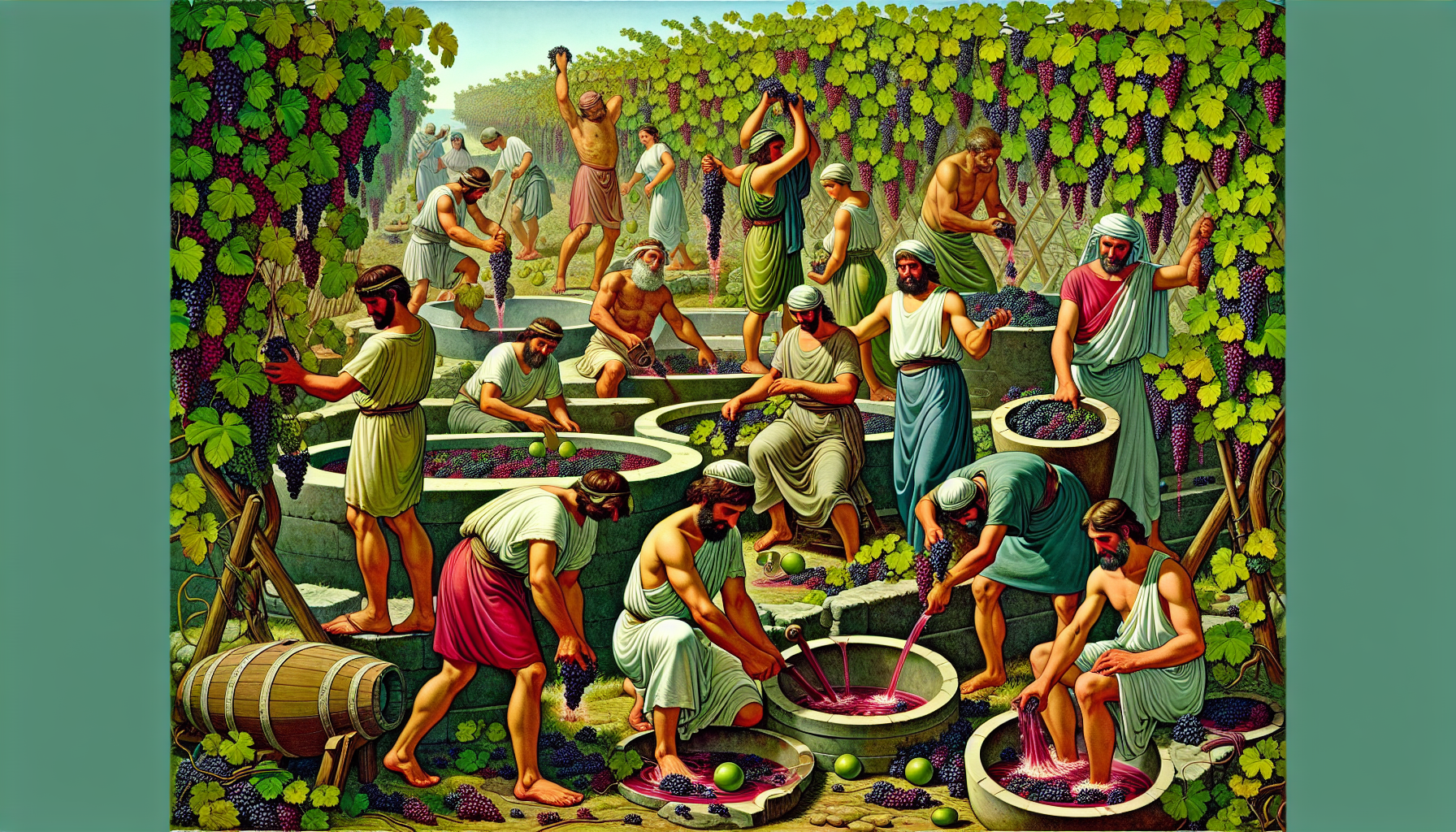 Illustration of ancient civilizations harvesting grapes and making wine