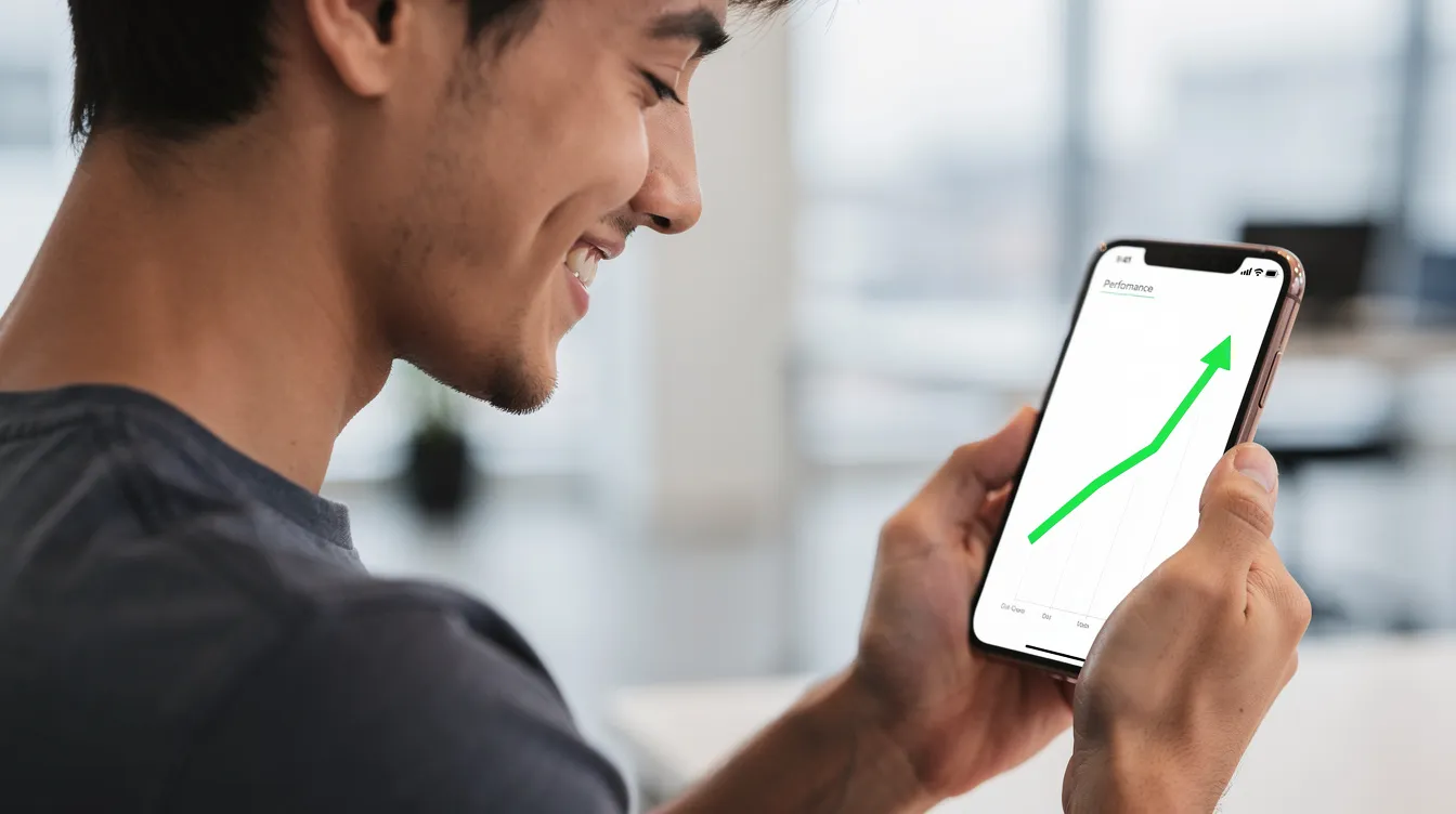 A smiling person is looking at a smartphone screen displaying an upward trending line chart, indicating positive financial growth. This image reflects a sense of optimism, possibly related to financial services such as 免 tu 貸款 or personal loans.