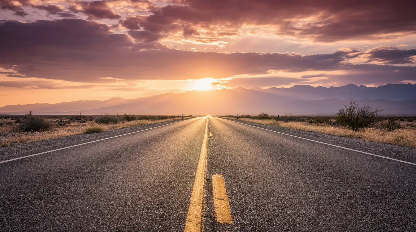 The image depicts a stunning sunset casting vibrant hues over a long, straight highway that leads toward distant mountains, symbolizing the journey of vehicle transport. This serene scene evokes the essence of car shipping services, particularly for those considering auto transport in Oklahoma City.