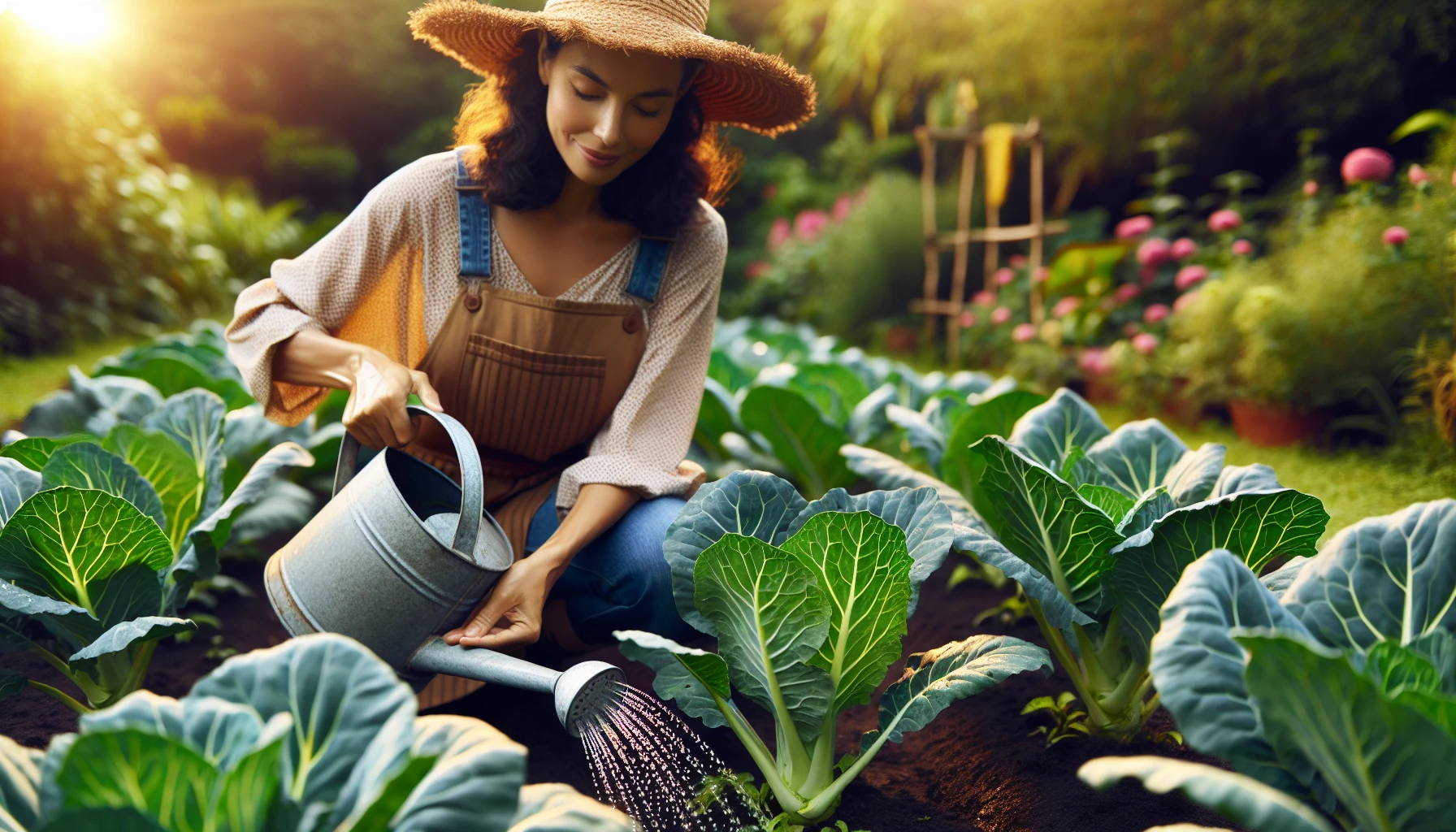 Watering collard greens in the garden