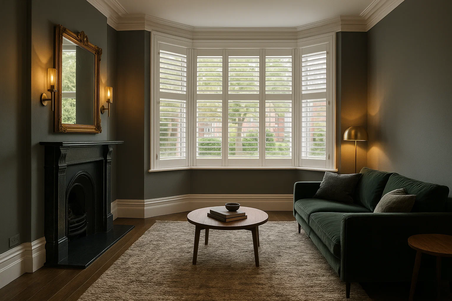 Family living room in Manchester with white plantation shutters reflecting current homeowner preferences.
