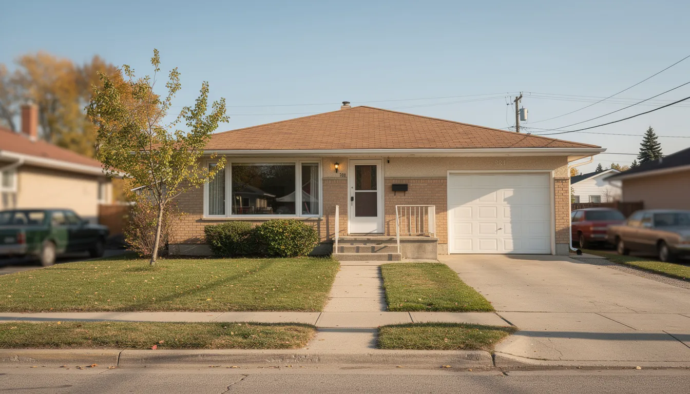 The image depicts a classic 1970s Calgary bungalow with an attached garage, located on a quiet residential street. The house features a simple, functional design typical of the era, showcasing the charm of mid-century architecture.