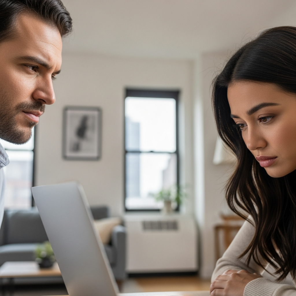 ANother close‑up image of a partner’s subtle sneer while the other looks down during a zoom call.