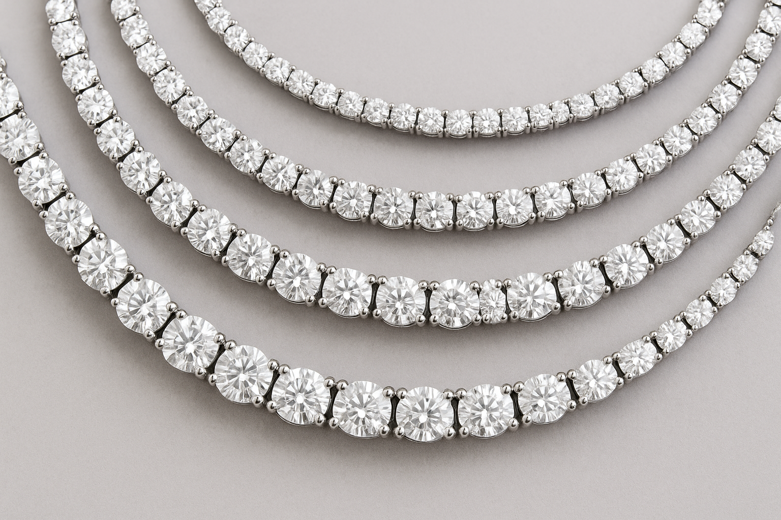 Balto aukso „tennis“ grandinėlės, išdėstytos nuo didžiausių iki smulkiausių deimantų