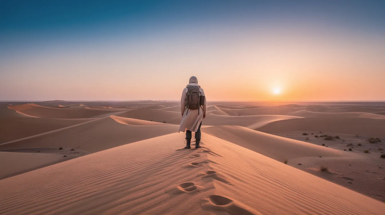 A traveler stands on a rolling dune in the Sahara Desert, gazing at the vast expanse of golden sand illuminated by the soft light of sunrise. The scene captures the essence of adventure and exploration in this stunning landscape, perfect for a memorable walking tour.