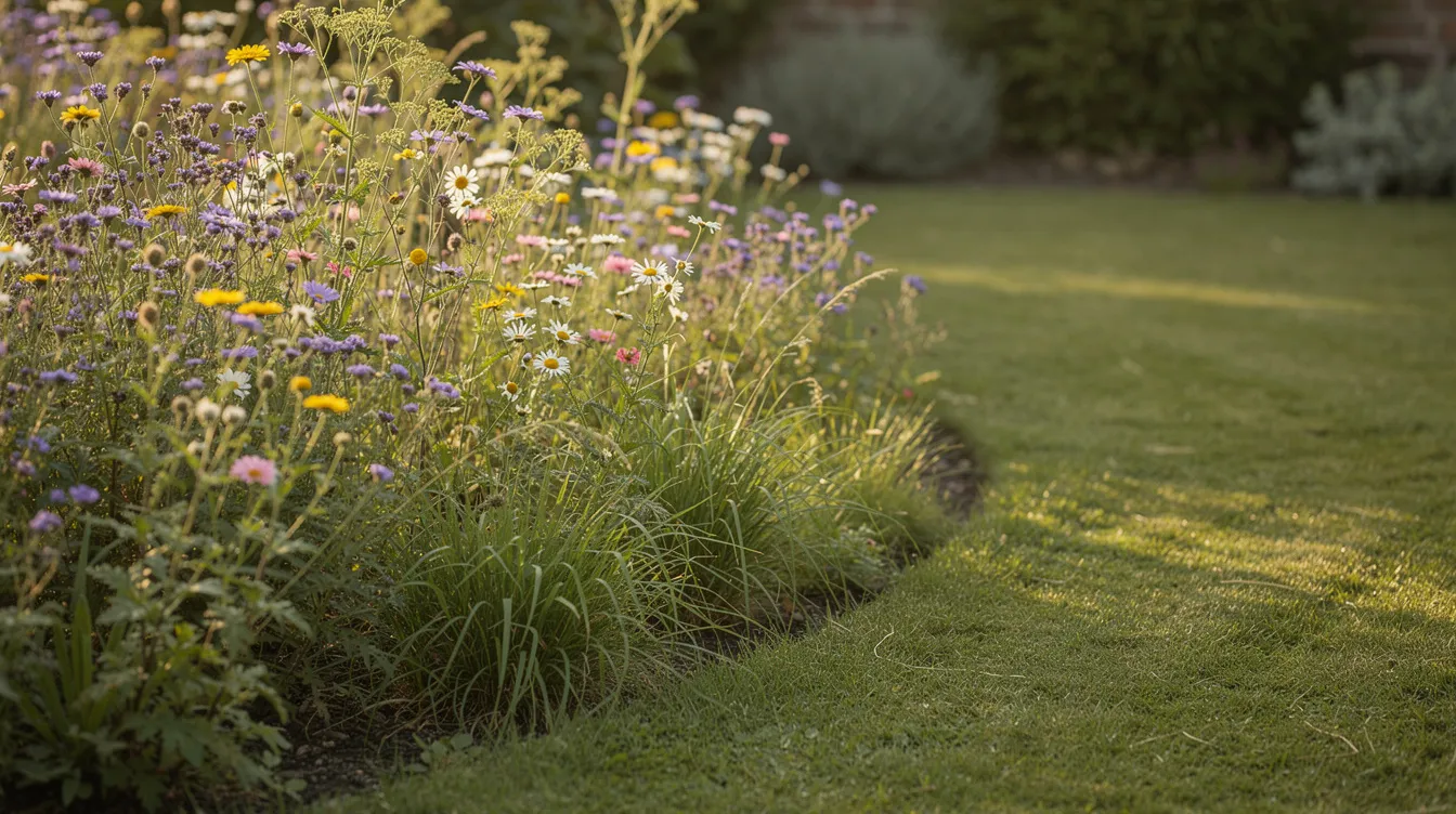 The image depicts a garden corner where tall wildflowers bloom alongside longer grass next to a neatly mown path, illustrating a contrast between the vibrant, uncut growth and the well-maintained lawn. This scene highlights the importance of regular mowing to maintain a healthy lawn while allowing for natural growth in certain areas.