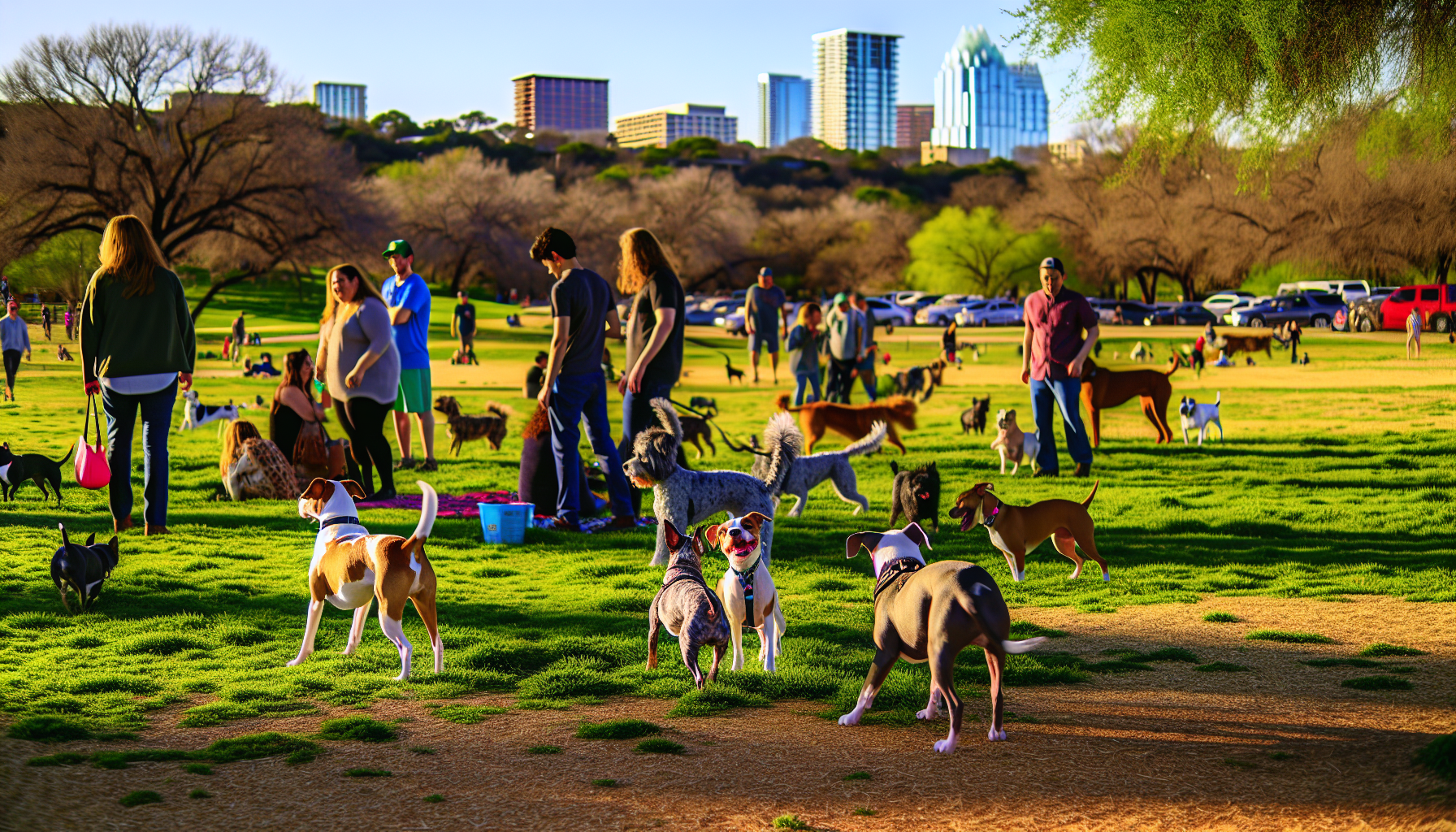 Scenic view of Zilker Dog Park with dogs and owners enjoying the outdoors