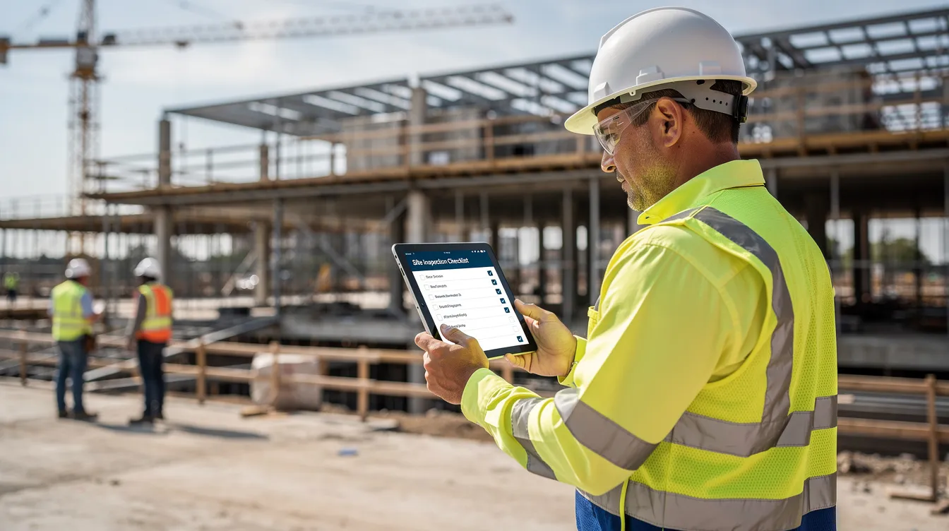 A superintendent reviews a tablet checklist inside a commercial building under construction, illustrating field observation, documentation, and predictive construction risk management.