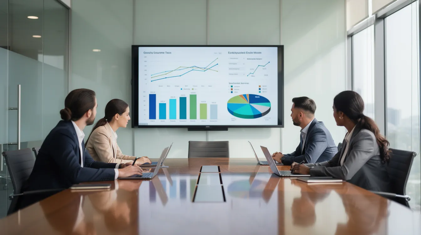A small team is gathered in a conference room, intently reviewing charts and graphs displayed on a large monitor, highlighting the importance of data analysis in business decision-making. This setting reflects the ongoing integration of artificial intelligence and human intelligence in solving complex problems and increasing productivity.