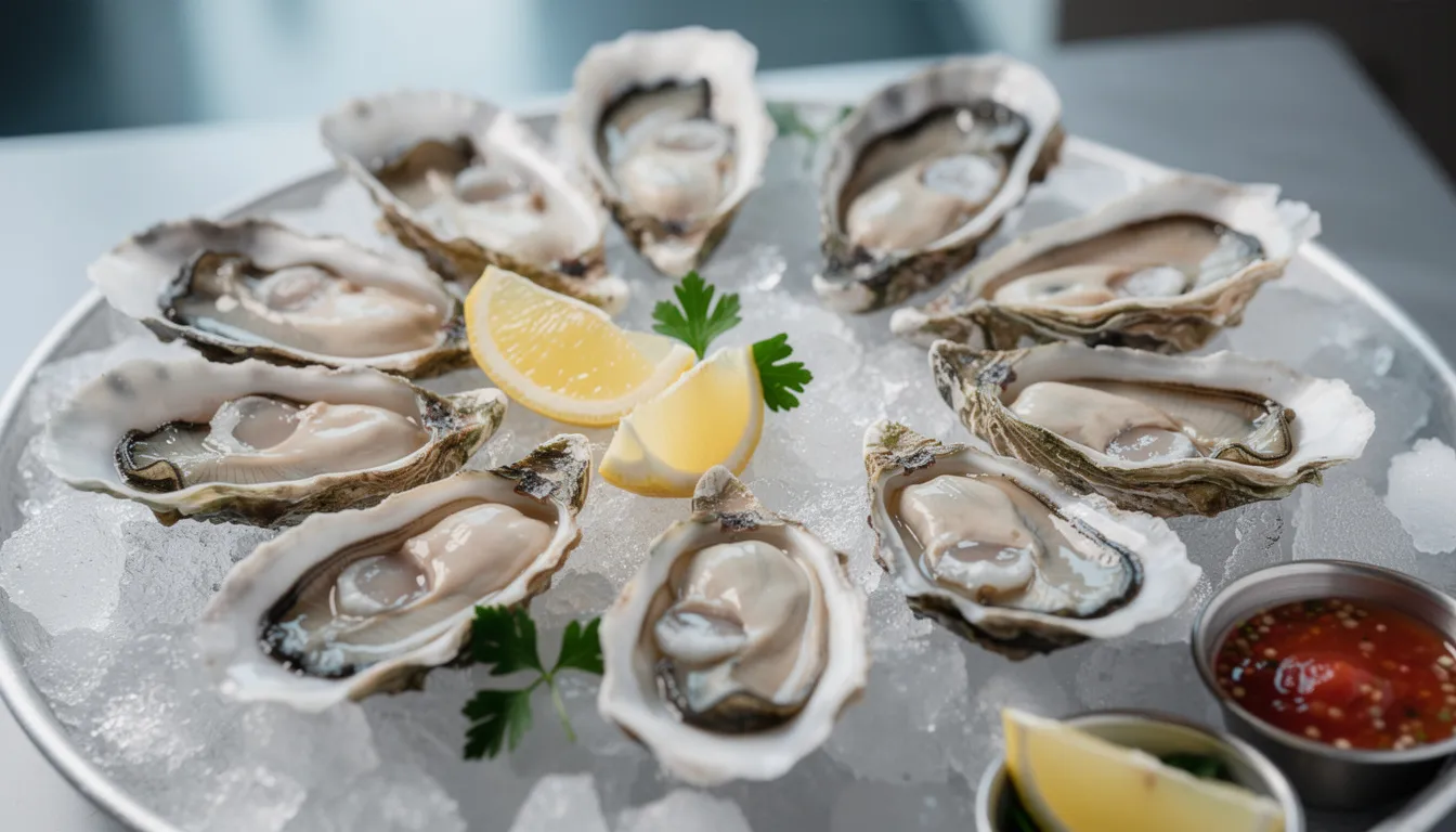 Fresh oysters on the half shell are beautifully arranged on a bed of crushed ice, showcasing their glistening shells and delicate meat. This dish exemplifies the delicious seafood offerings often found at the best seafood restaurants in Mexico Beach, Florida, making it a must-try for seafood lovers.