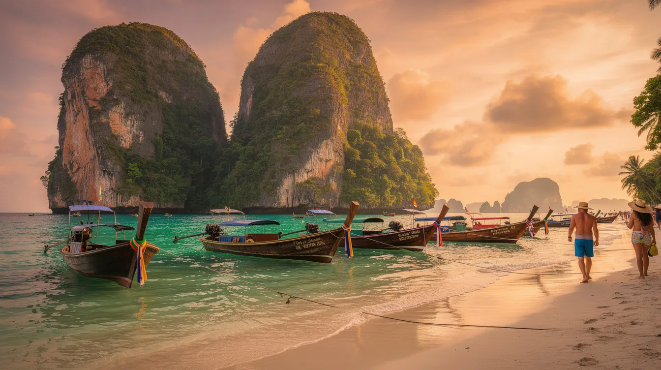A imagem retrata as deslumbrantes praias de Krabi, na Tailândia, com suas águas cristalinas e formações rochosas impressionantes. Ao fundo, é possível ver templos budistas que refletem a rica cultura e história da região, tornando este destino um lugar imperdível para quem visita o sudeste asiático.