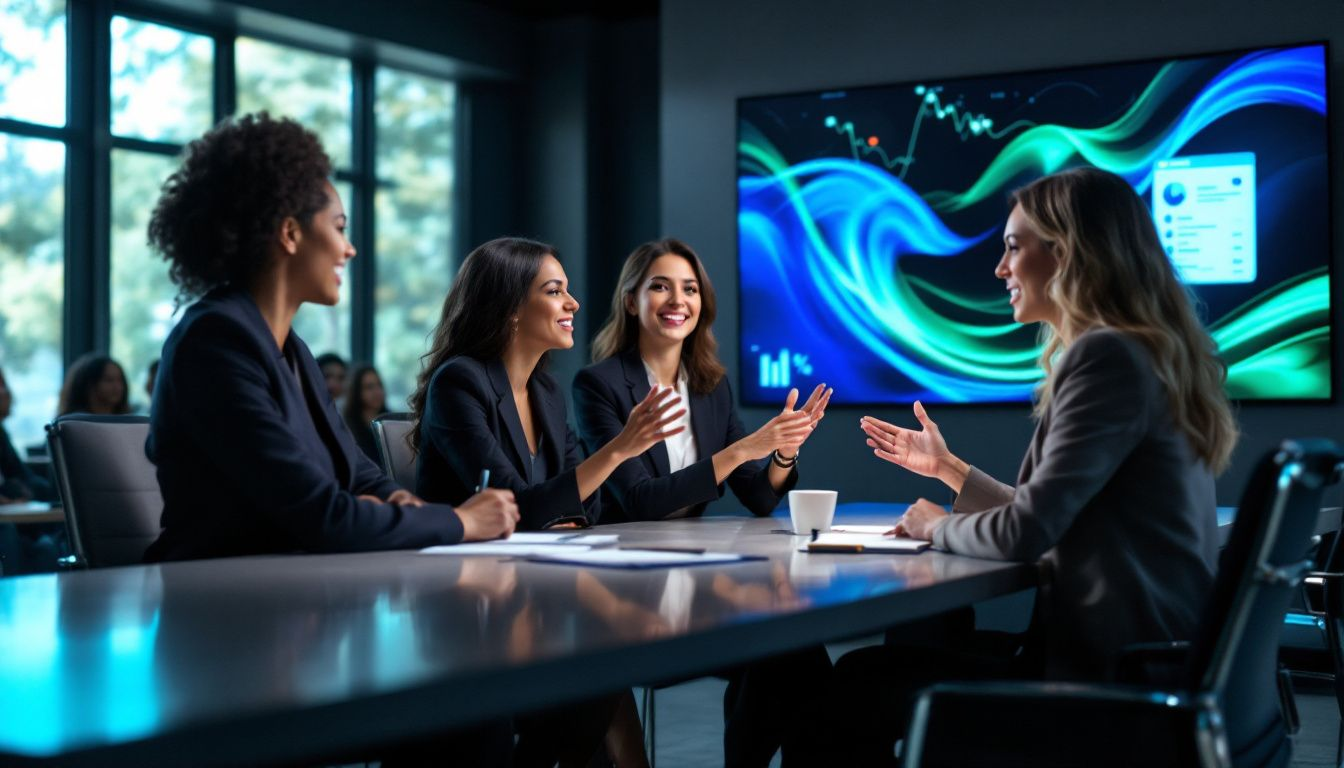 A group of women in a professional setting discussing sales strategies, reflecting Conversations with Women in Sales.