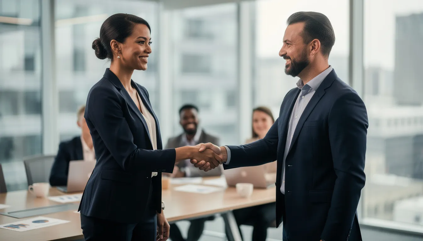 A professional woman confidently shakes hands with a colleague after a successful business meeting, embodying a positive money mindset and the belief in financial success. This moment reflects her self-confidence and the power of collaboration among women entrepreneurs, highlighting the importance of building healthy relationships in business.