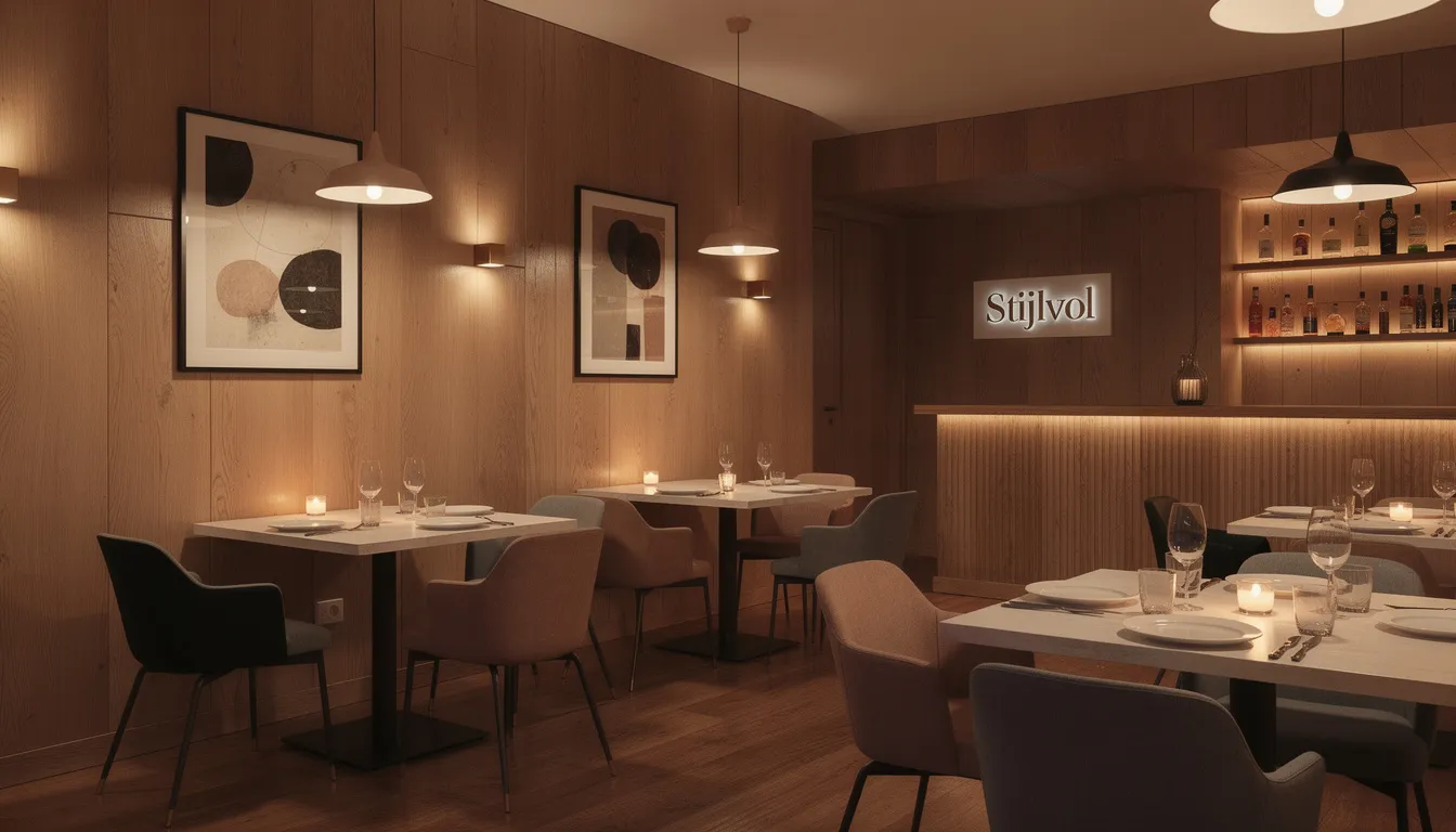 Een stijlvol restaurantinterieur met elegante houten wandbekleding en sfeervolle verlichting. De akoestische wandpanelen zorgen voor een betere akoestiek, terwijl de bijzondere boekenplanken een unieke uitstraling aan de ruimte geven.