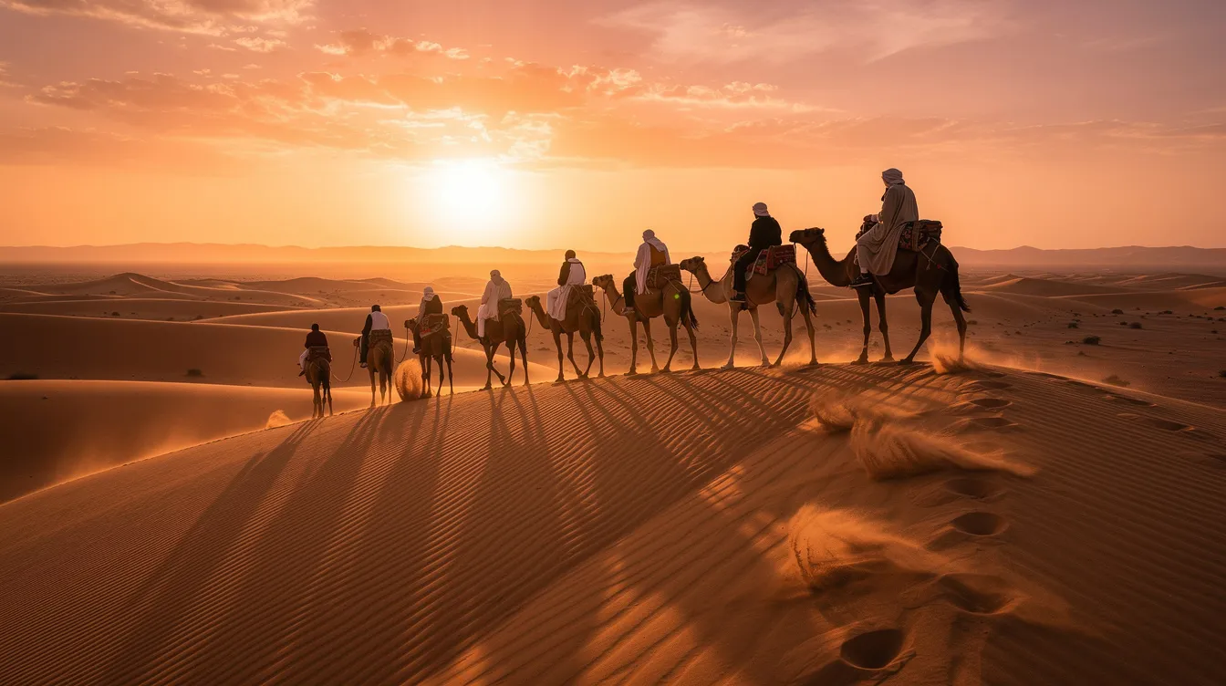 Travelers are riding camels across the golden dunes of the Sahara Desert at sunset, creating an unforgettable journey through the stunning landscapes of Morocco. The warm hues of the setting sun illuminate the scene, reflecting the rich culture and beauty of North Africa.