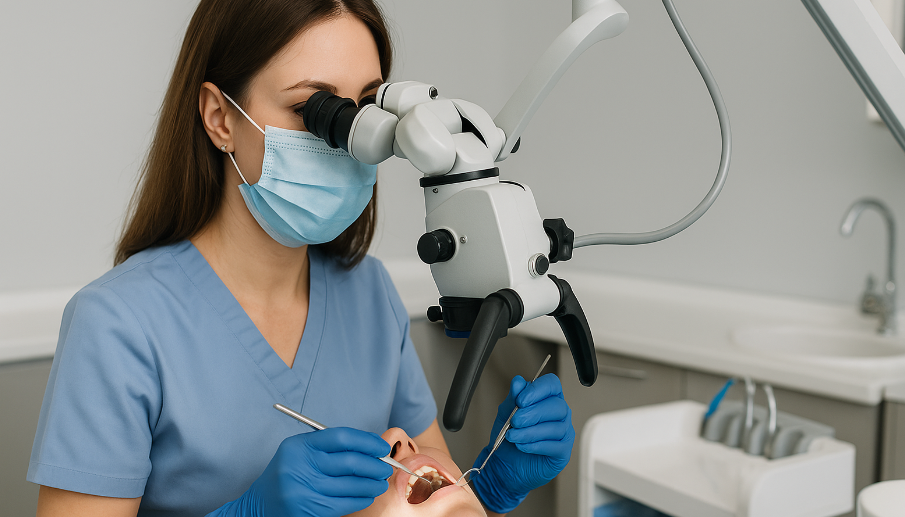 Endodontist bruker mikroskop og spesialverktøy under rotbehandling.