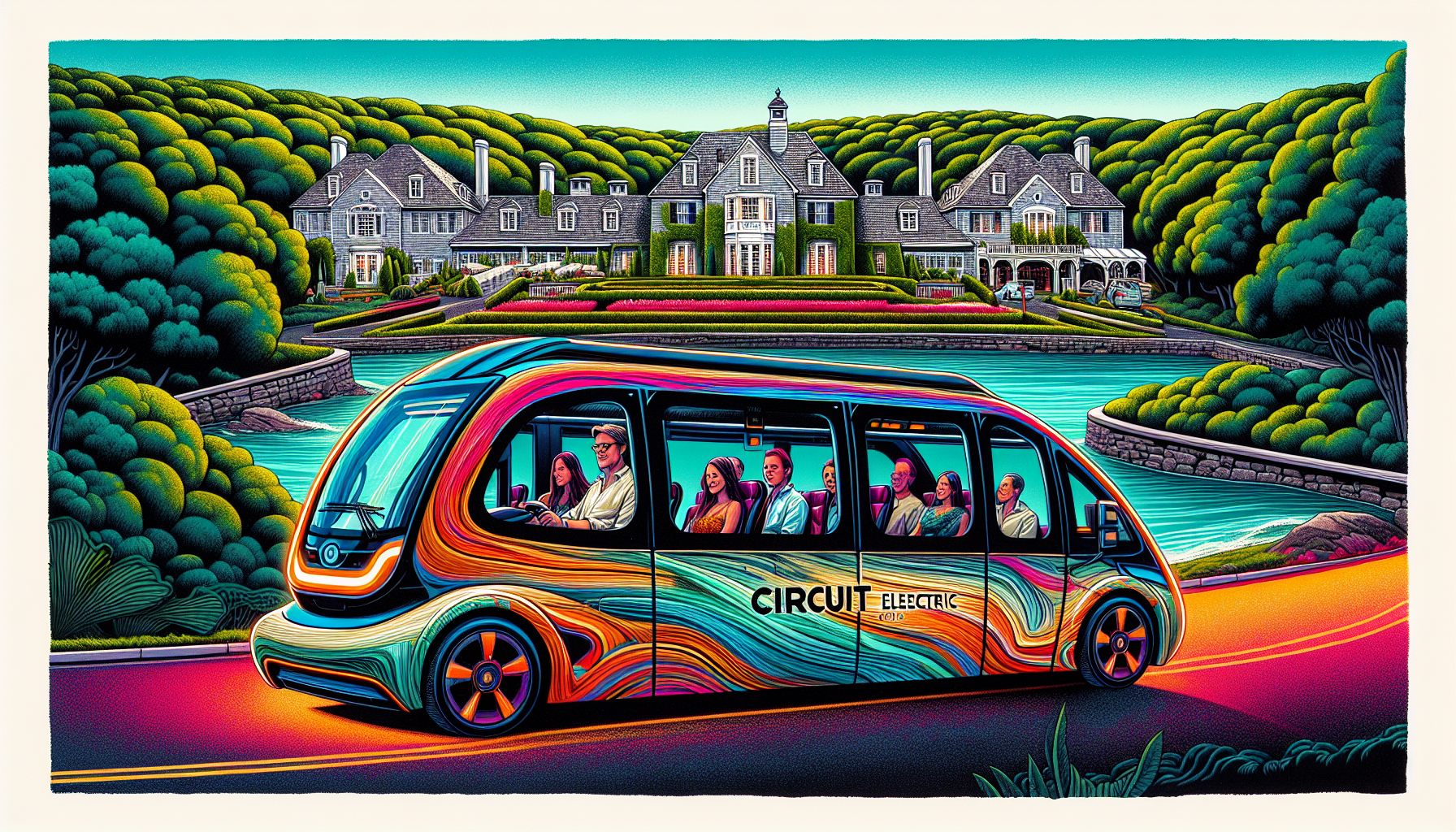 Colorful illustration of the Circuit electric shuttle in the Hamptons