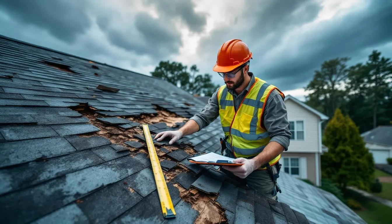 A professional roofer is inspecting a residential roof for storm damage, equipped with safety gear, amidst the aftermath of Arizona's monsoon season. The image highlights the roofer's dedication to identifying potential issues, such as missing tiles and signs of moisture buildup, to prevent costly repairs in future storms.