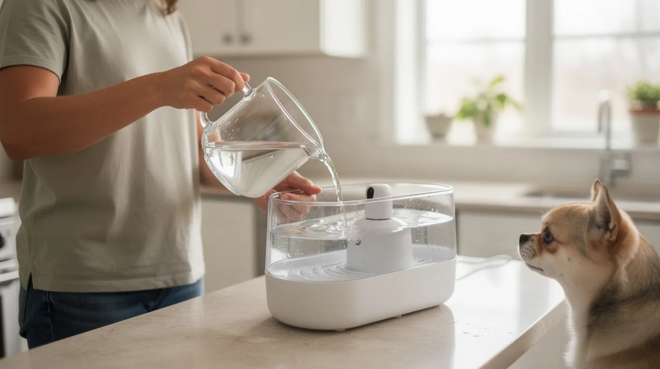 A person is filling a pet water fountain on a countertop, ensuring that their domestic cat has access to fresh water. This action is essential for maintaining hydration and can help prevent health issues related to concentrated urine, which can lead to unpleasant odors in the home.