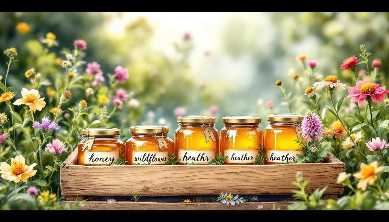 A selection of honey jars labeled with their health benefits.