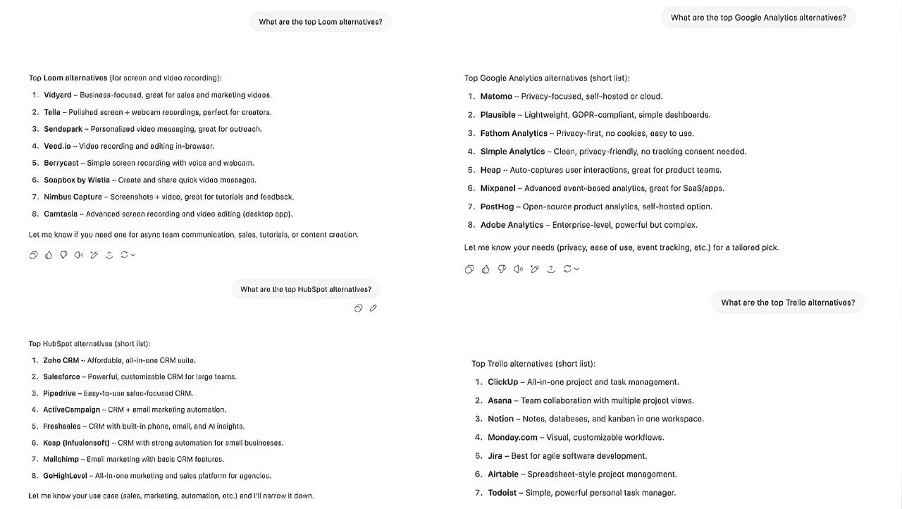 ChatGPT answering alternatives queries used in Quoleady's G2 and Capterra research