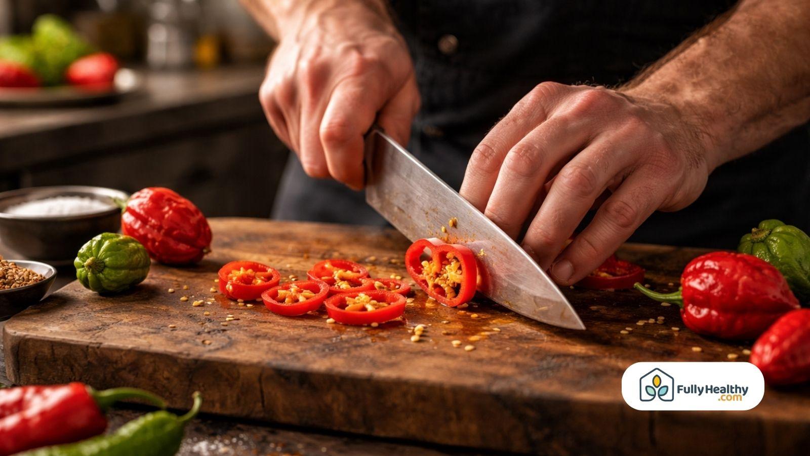 Chef slicing red chili peppers on wooden board with visible seeds