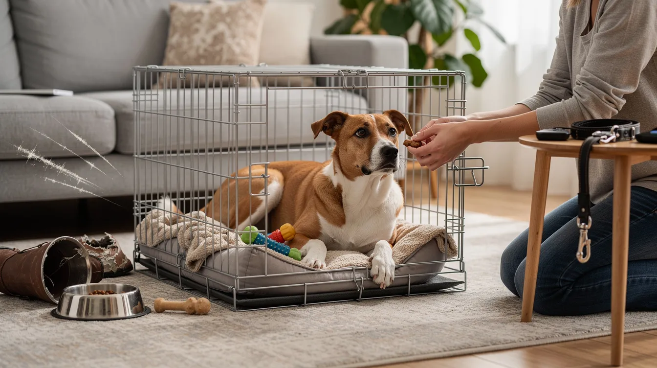 The image depicts an adult dog comfortably resting inside a wire crate, with the crate door open, creating a safe space for the dog. Surrounding the crate are a few treats and a favorite toy, emphasizing a positive experience during the crate training process.