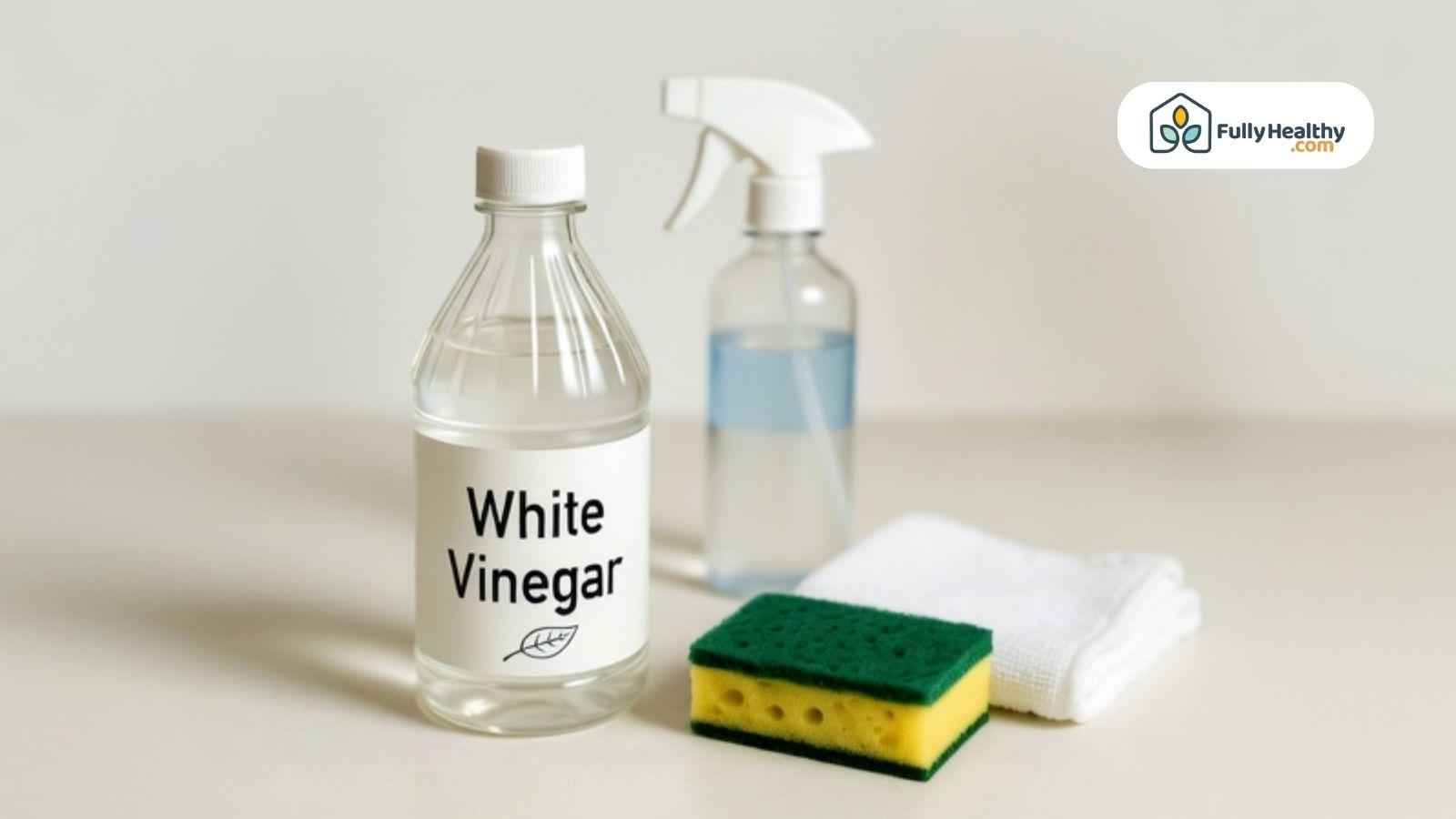 White vinegar bottle with cleaning tools on surface.