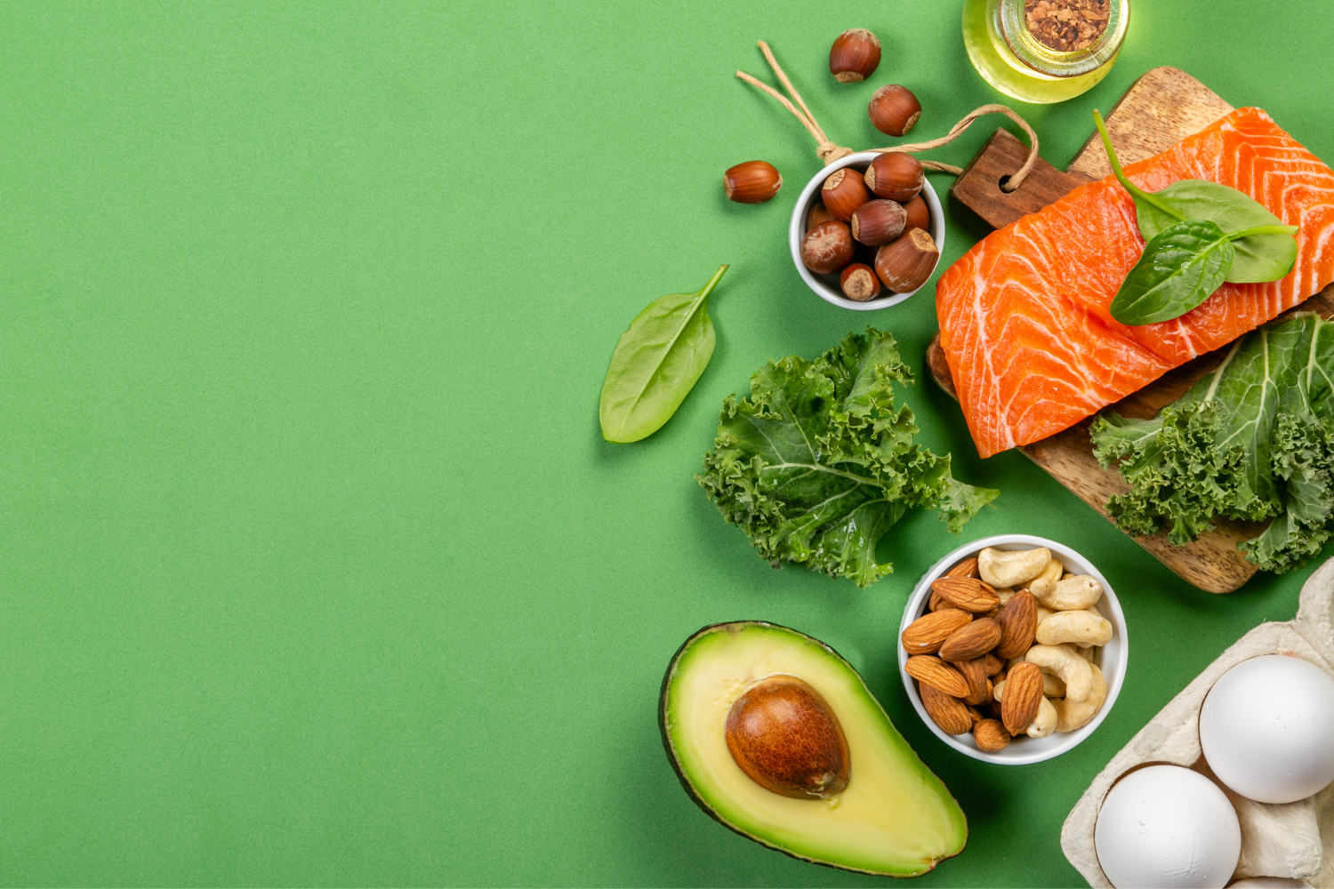 Flatlay of foods eaten during a keto diet.