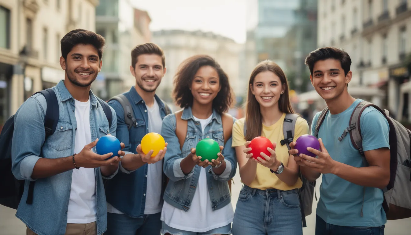 Na zdjęciu młodzi ludzie z plecakami trzymają kolorowe piłeczki antystresowe, które są popularnymi gadżetami pomagającymi w radzeniu sobie ze stresem. Ich uśmiechy i radosne usposobienie sugerują, że regularne używanie tych zabawek antystresowych przynosi im ulgę i poprawia nastrój.