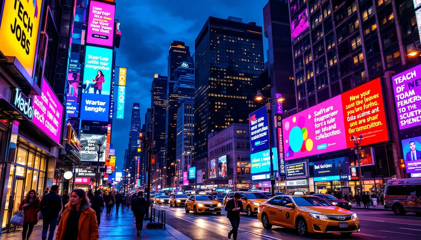 A busy New York City street with tech job advertisements.