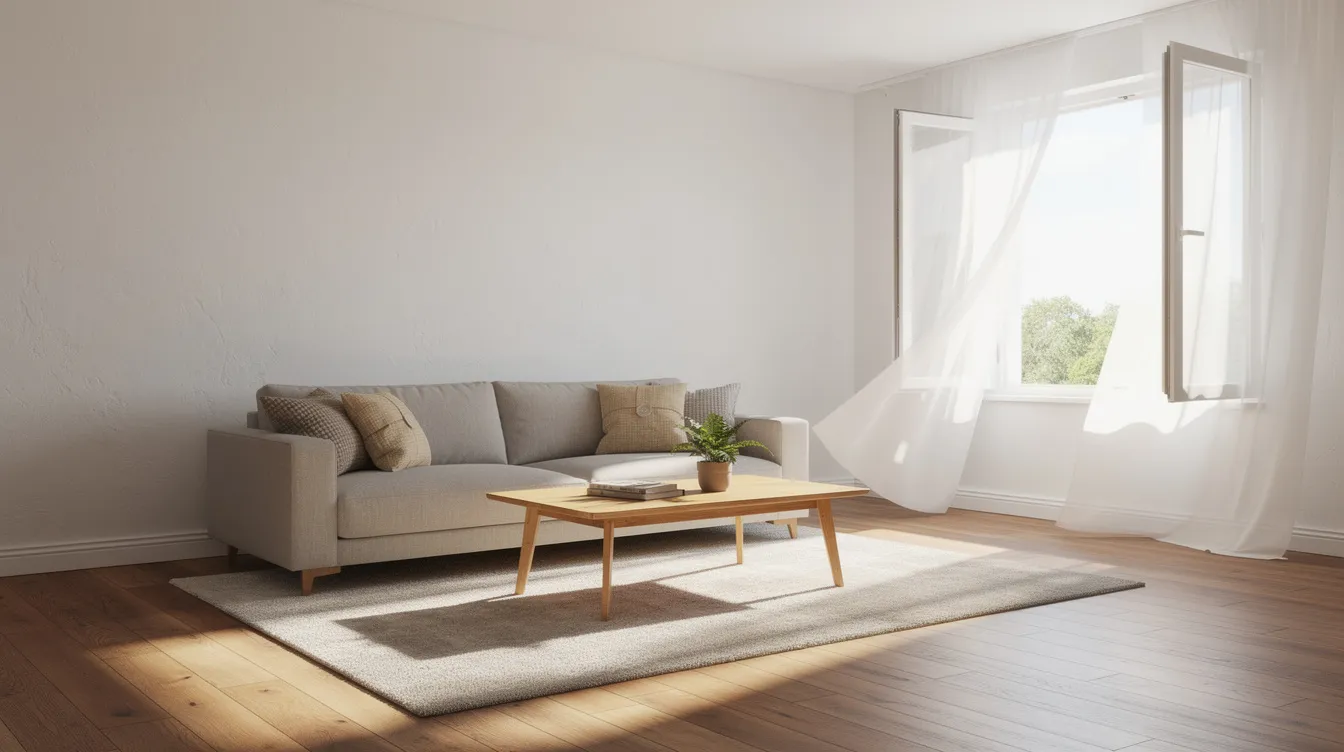 The image depicts a bright living room featuring smooth venetian plaster walls that reflect natural light, with an open window enhancing the airy atmosphere. The room is furnished with stylish pieces, creating a beautiful interior space that exudes quality and warmth.