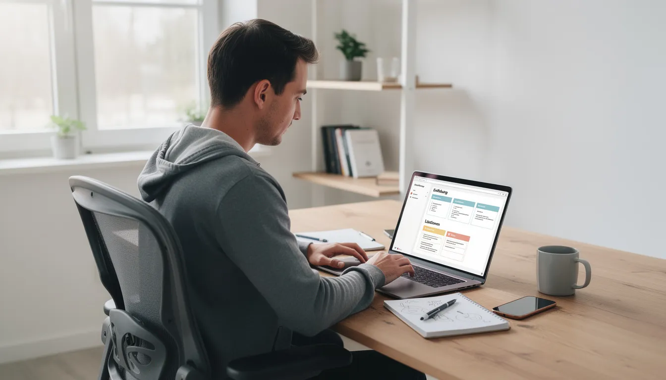 Eine Person arbeitet konzentriert an ihrem Laptop in einem modernen Home-Office, während sie an einem digitalen Kurskonzept für eine Online Akademie arbeitet. Umgeben von stilvollem Design und Technik, entwickelt sie hochwertige Online Kurse, die das Potenzial haben, Nutzer in Fans zu verwandeln.