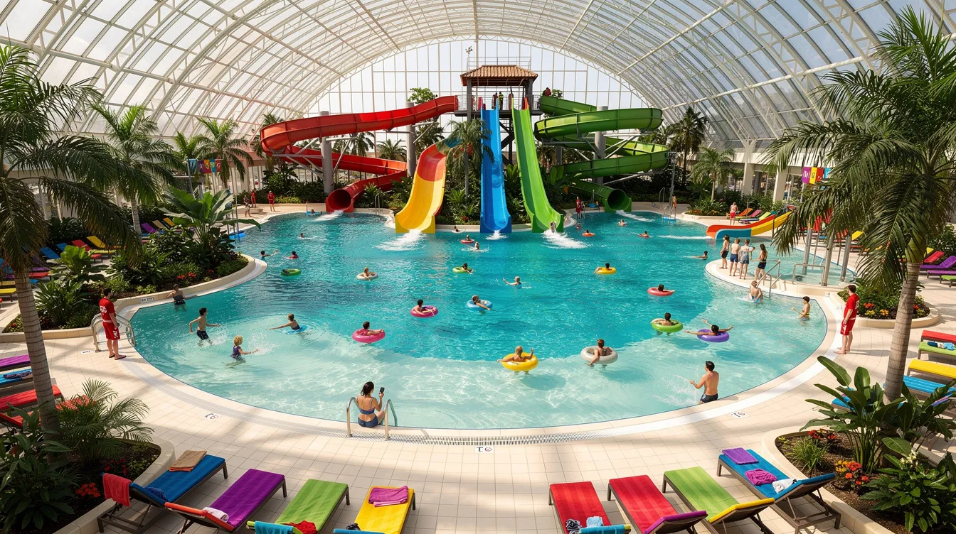 Uma vista panorâmica de um grande parque aquático coberto, repleto de piscinas e toboáguas coloridos, onde famílias se divertem juntas. O ambiente é vibrante e alegre, refletindo um espaço de lazer ideal para todas as idades.