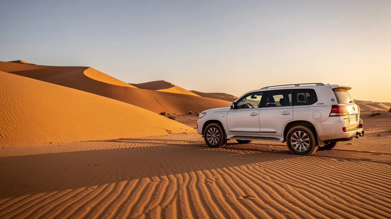 Un SUV bianco è parcheggiato accanto a dune di sabbia dorata nel deserto marocchino, offrendo un'idea di avventura e libertà per chi desidera noleggiare un'auto in Marocco e esplorare queste meraviglie naturali. La scena evoca il fascino del viaggio nel deserto del Sahara, ideale per una vacanza indimenticabile.