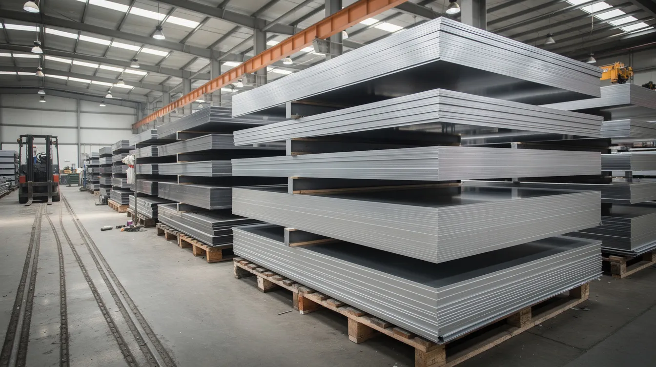 The image shows stacked sheets of aluminum and stainless steel in a metal fabrication warehouse, highlighting the materials used in custom sheet metal fabrication. This organized display reflects the high-quality products and precision services offered by commercial sheet metal contractors for large commercial projects.