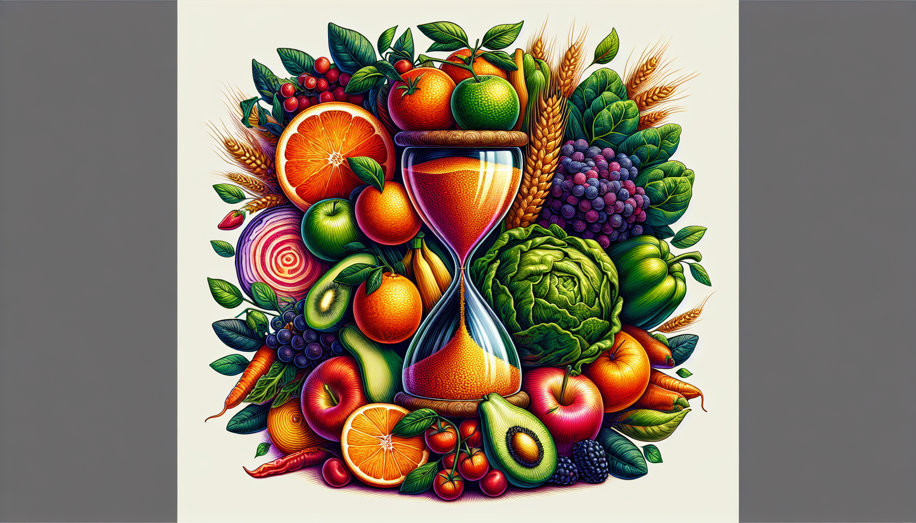 Various fruits and vegetables rich in essential nutrients for healthy aging