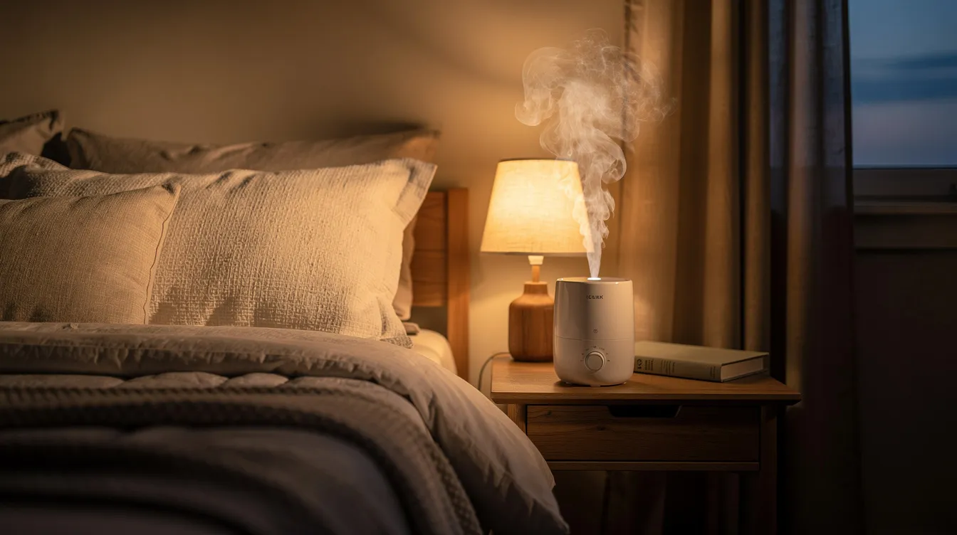 The image depicts a cozy bedroom bathed in warm evening light, featuring a small humidifier on the nightstand that gently produces a mist, helping to maintain skin hydration in dry climates. This serene setting emphasizes the importance of keeping skin moisturized and protected, especially for those with sensitive or very dry skin.