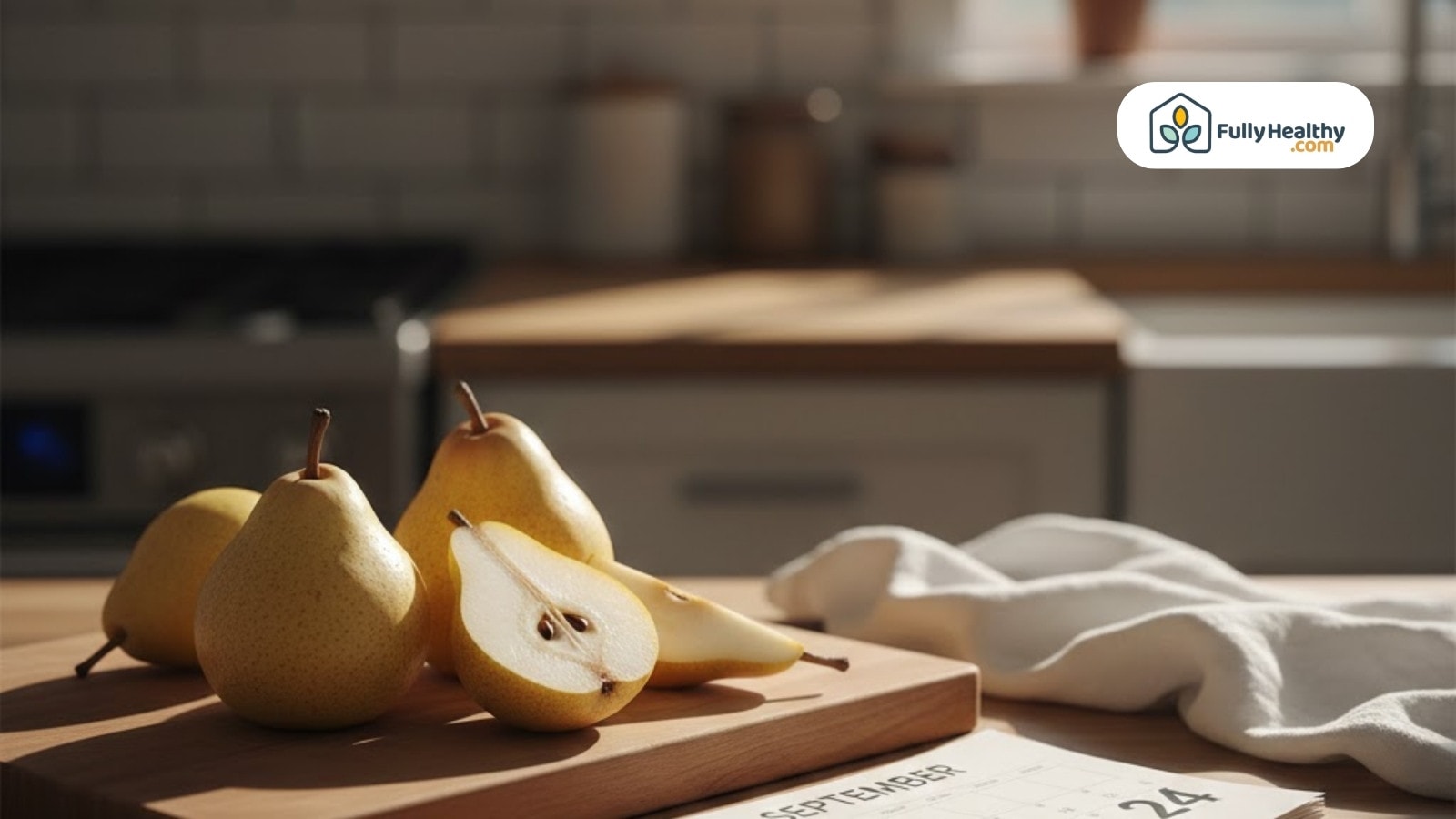 Fresh pears on cutting board in sunlit kitchen scene