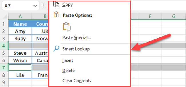 Select blank cells and right-click to open context menu