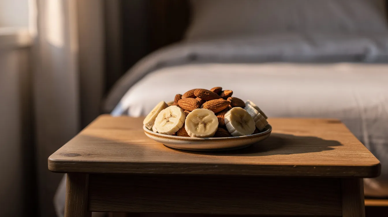 A small bowl of almonds and sliced banana sits on a bedside table, suggesting a light snack option for those looking to improve sleep quality before bed. Consuming such foods may aid in digestion and contribute to better sleep patterns, helping to avoid poor quality sleep.