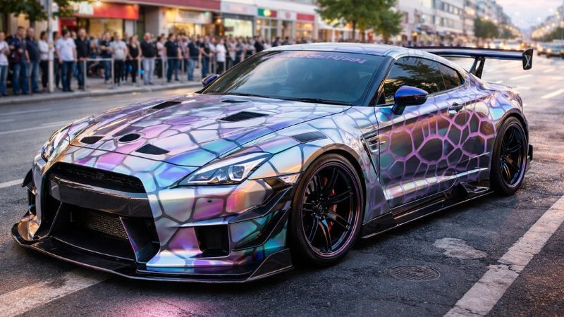 A atreet car wrapped in geometric shapped elements