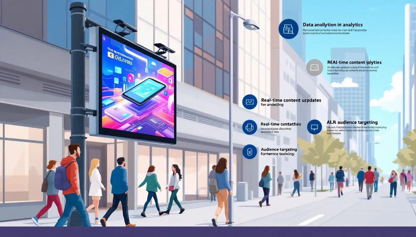 The image showcases a digital outdoor advertising screen displaying a comprehensive list of additional DOOH advertising specifications and best practices, including details on resolution, format, and maximum length. The design features vibrant colors and clear text, inviting viewers to learn more about effective advertising strategies in a modern context.