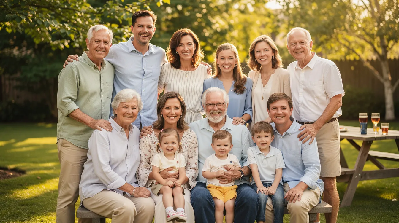 A multi-generational family is gathered together outdoors, enjoying each other's company and creating lasting memories. This scene reflects the importance of family bonds and the potential for life insurance policies to provide financial security and wealth transfer for future generations.