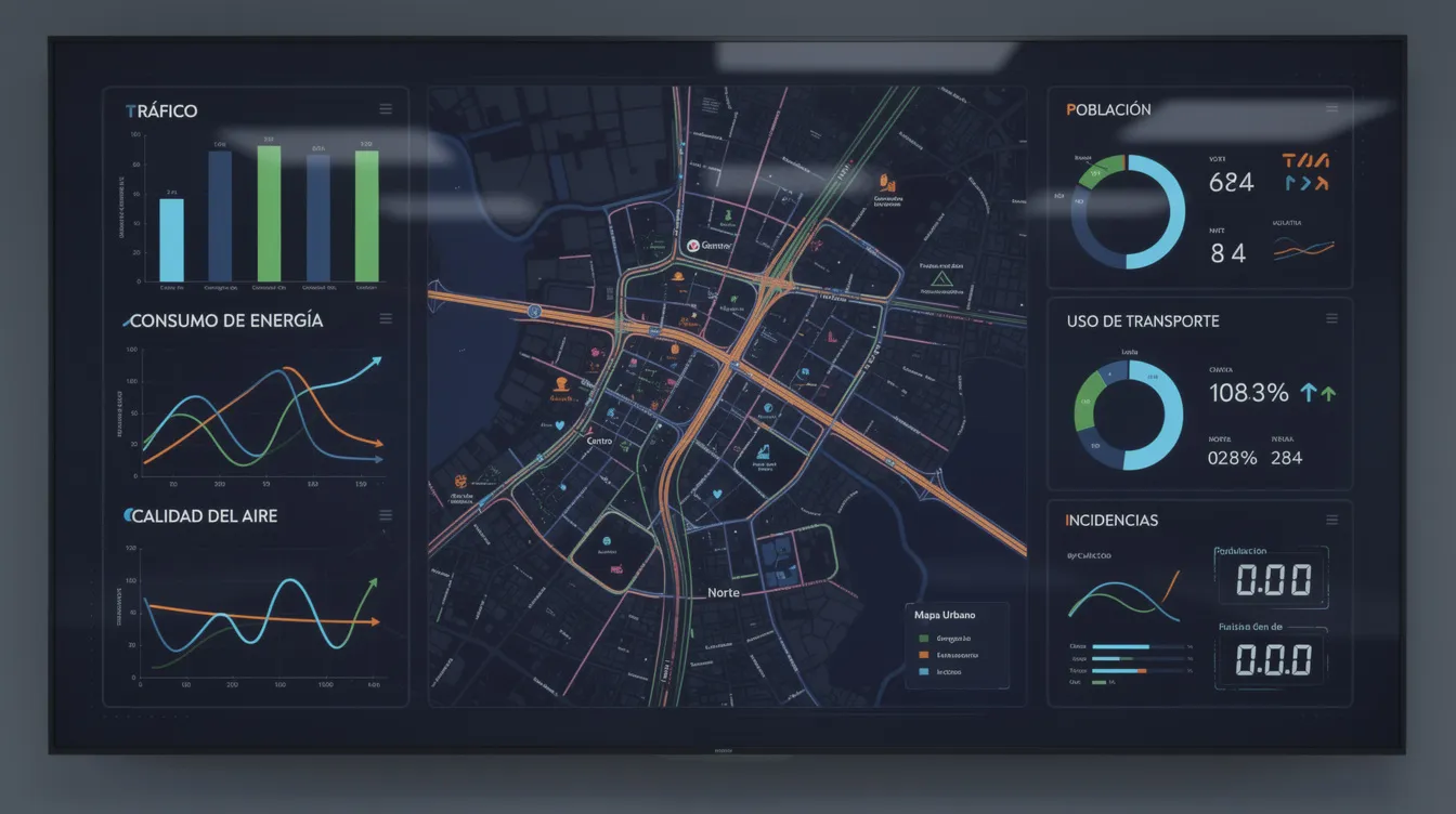 Imagen de un panel de control digital que muestra gráficos y mapas de datos urbanos, utilizado por gobiernos locales para la gestión y análisis de información en tiempo real. Este sistema, que incorpora inteligencia artificial, ayuda en la toma de decisiones y mejora la administración pública en América Latina.