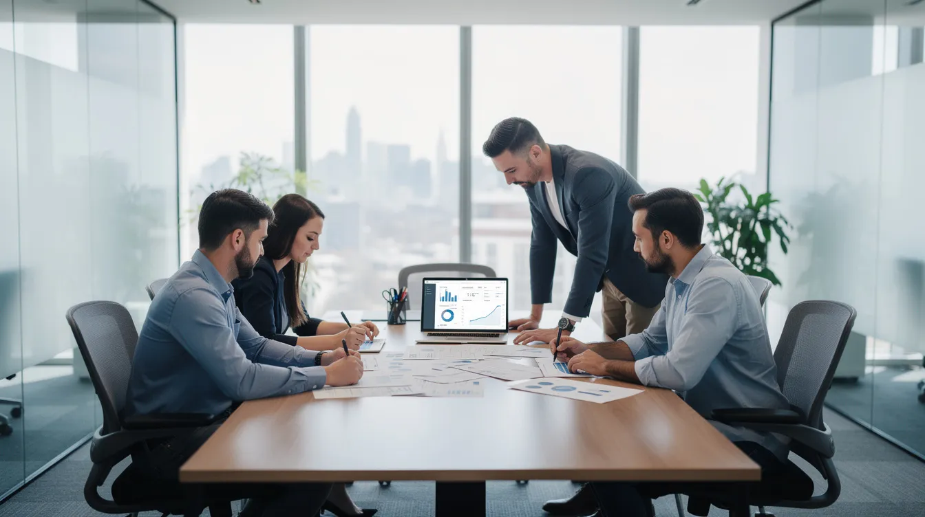 A small team of professionals is gathered around a conference table in a modern office, reviewing documents and a laptop screen that likely contains information on common dental billing mistakes and the dental billing process. They appear focused on discussing proper documentation and strategies for reducing claim denials and ensuring accurate submissions to insurance carriers.