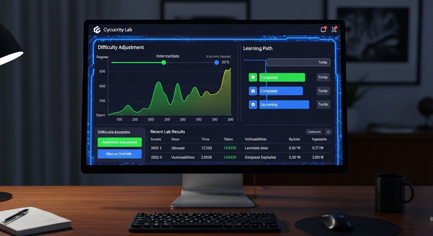 Personalized cybersecurity lab dashboard adjusting difficulty and learning path based on user performance.