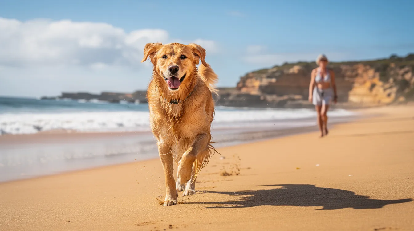 A healthy golden retriever joyfully runs along an Australian beach, with its owner visible in the background. This scene highlights the importance of a healthy lifestyle for dogs, as they enjoy outdoor activities and the fresh air, away from common dog diseases like kennel cough and canine influenza.